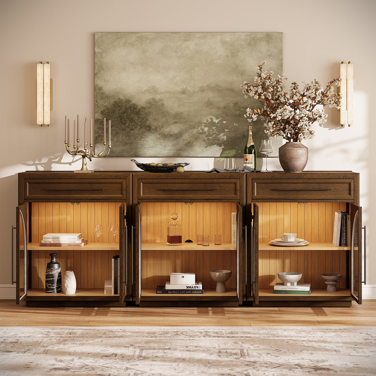 Alvar Arched 91" Oak Sideboard with Drawers(Set of 3)
