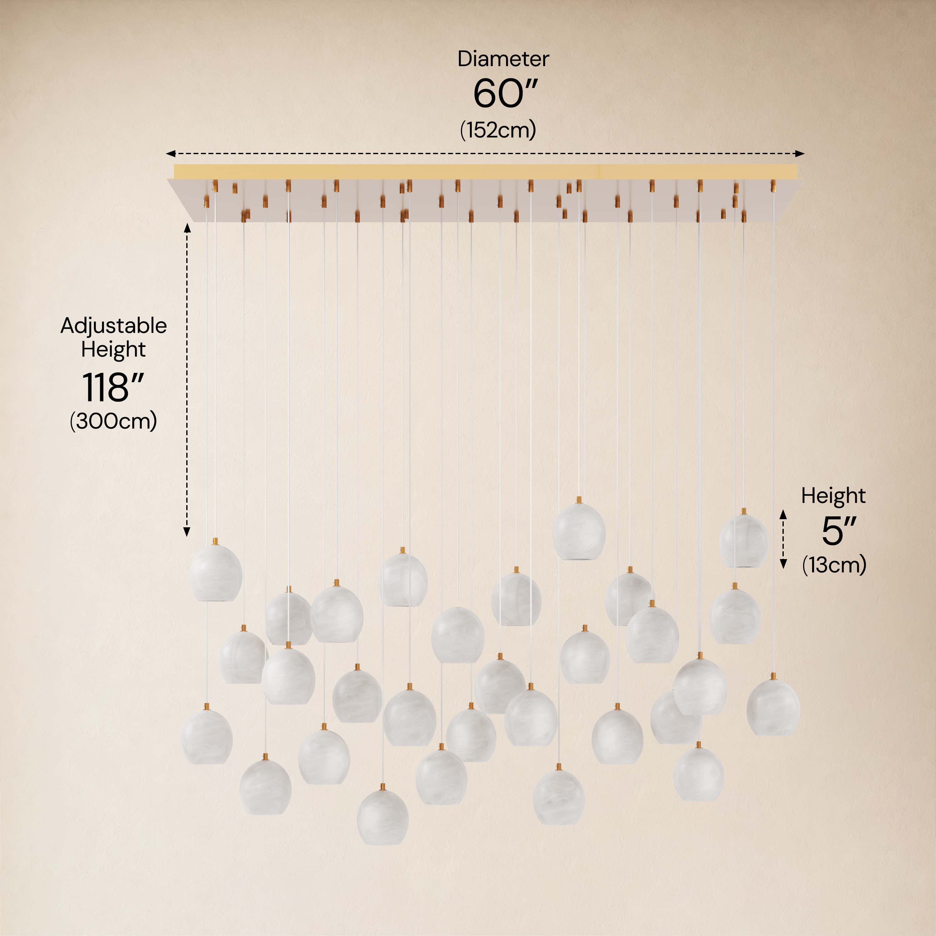 Quorvyn Resin Globe Linear Chandelier #Finish_Gold,Lights_30-Lights dimensions 7