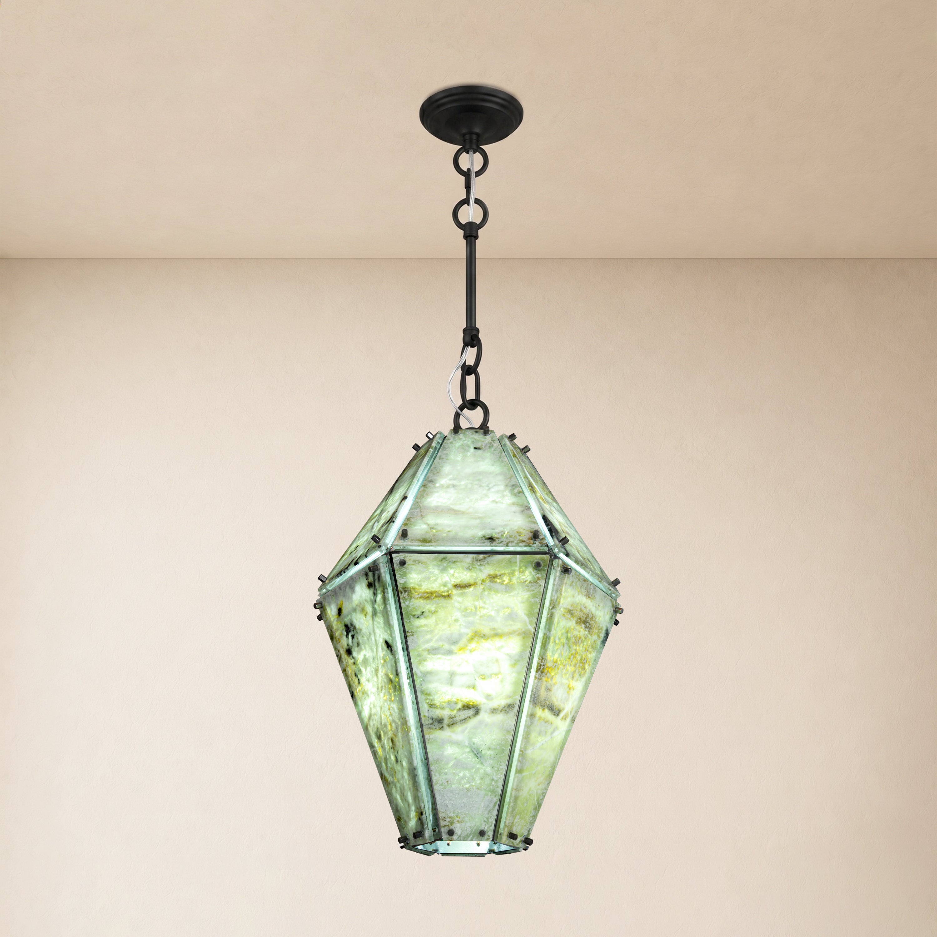 Pietra Green Marble Faceted Lantern Chandelier 13.7"D