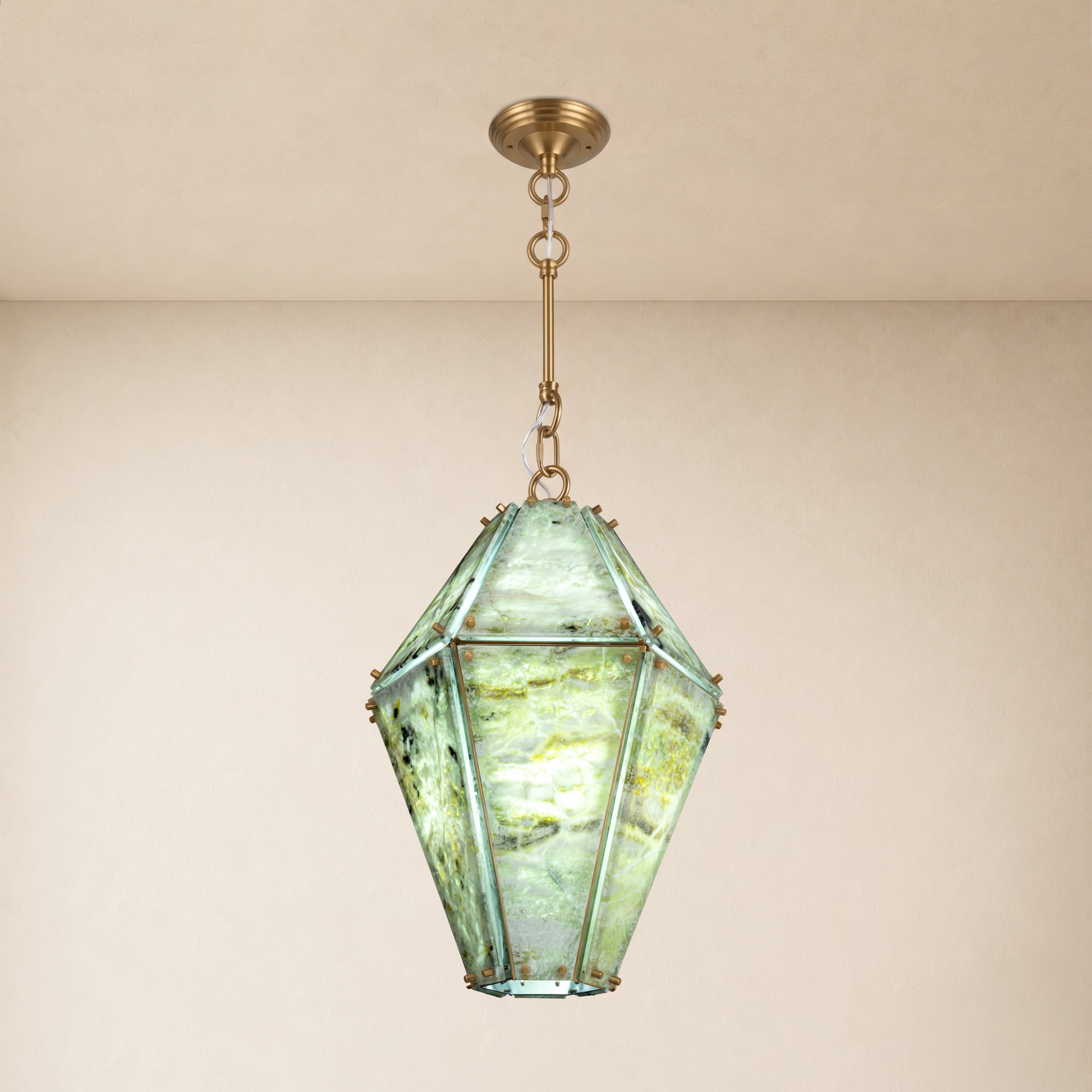 Pietra Green Marble Faceted Lantern Chandelier 13.7"D