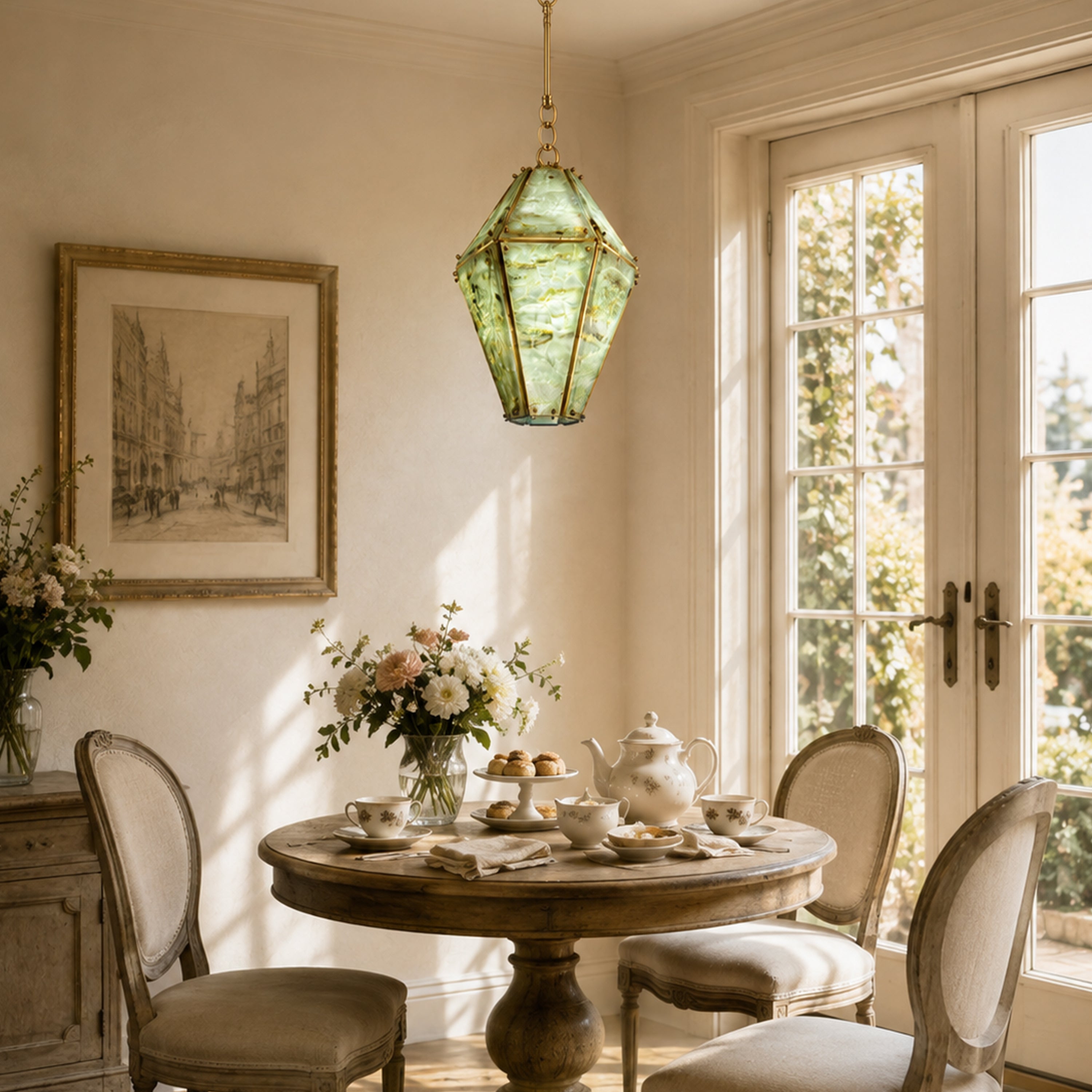 Pietra Green Marble Faceted Lantern Chandelier 13.7"D