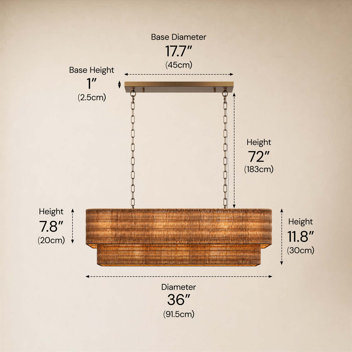 Cavana Rattan Tiered Rectangular Chandelier 36"W #Finish_Gold,Size_36",Color_Natural dimensions 1