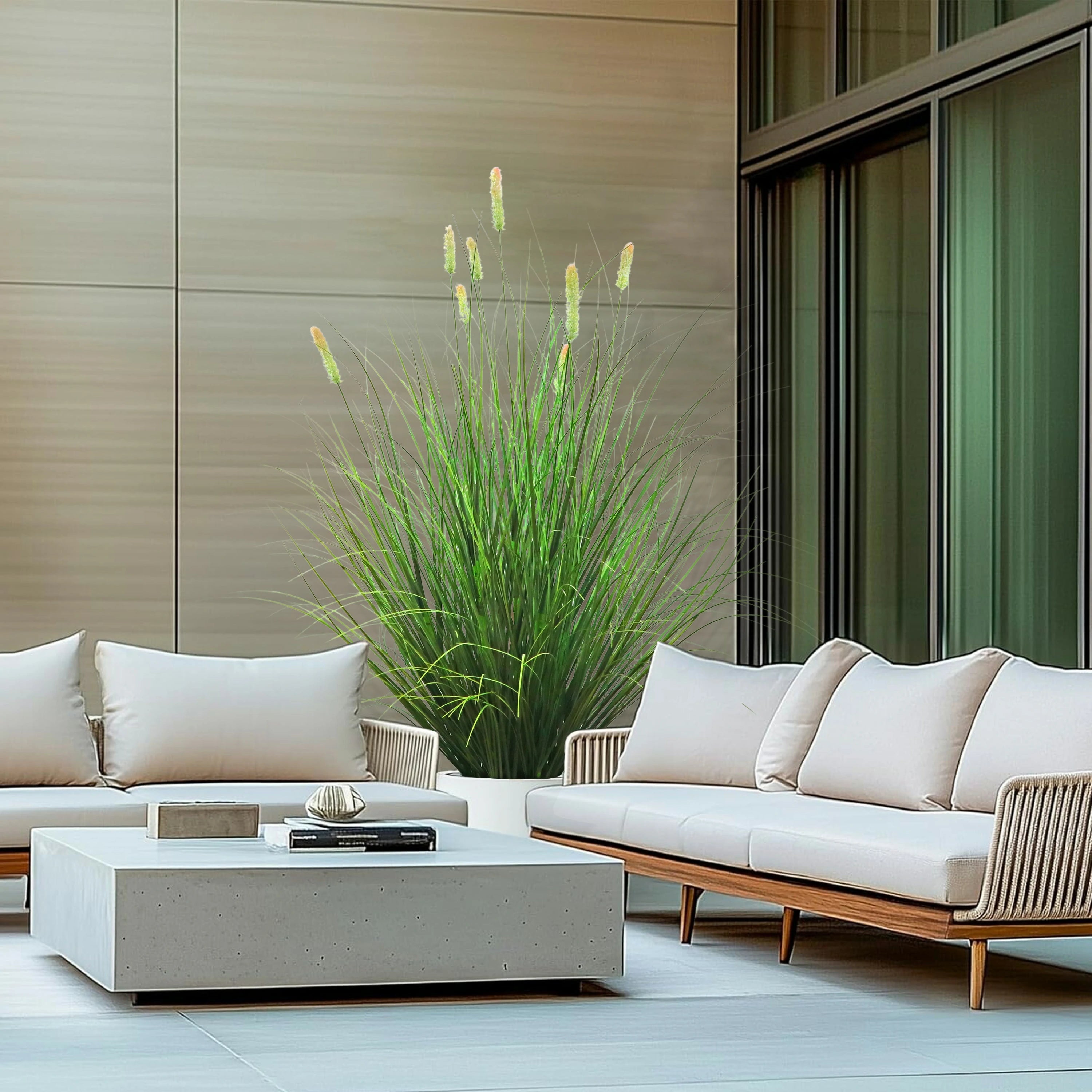 Artificial 8-Head Short Pine Grass with Curved Onion Grass Bonsai 43"H