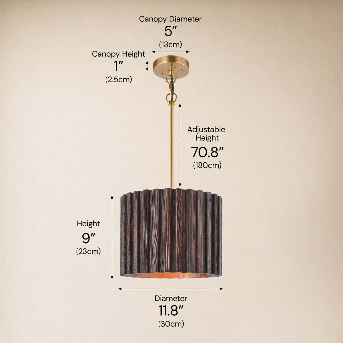 Virelune Wood Fluted Round Ceiling Light 11.8"D #Finish_Natural,Size_11.8",Mounting-Style_Adjustable-Pendant dimensions 2