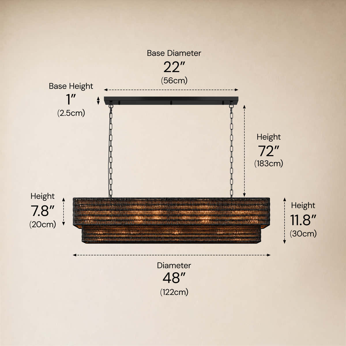 Cavana Rattan Double Tier Rectangular Chandelier 48"W #Size_48",Color_Black dimensions 2
