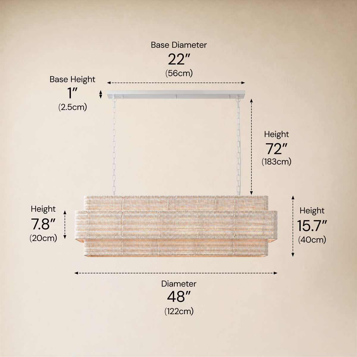 Cavana Rattan Tiered Rectangular Chandelier 48"W #Size_48",Color_White dimensions 2