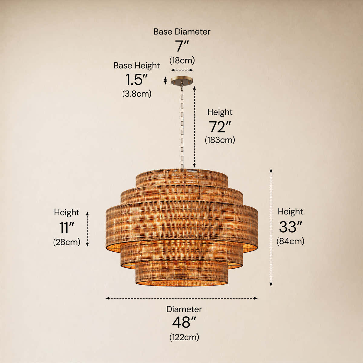 Cavana Rattan Tiered Round Chandelier 48"D #Finish_Gold,Size_48",Color_Natural dimensions 1