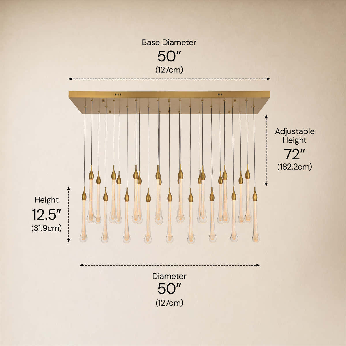 Olivene Glass Teardrop Rectangular Chandelier 50"W #Finish_Gold,Size_50" dimensions 1