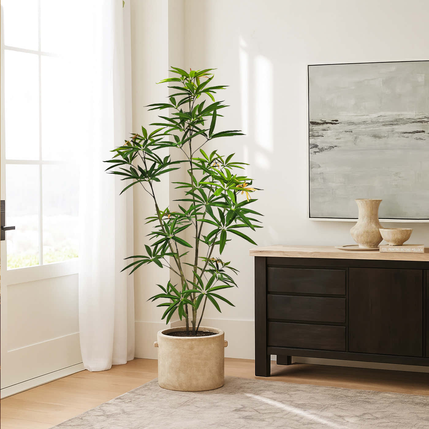 Artificial tree with full canopy and clean leaves