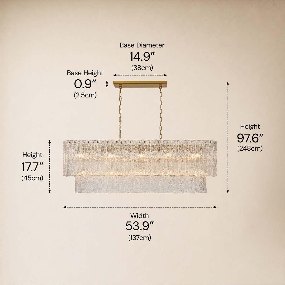 Aurellise Textured Glass Rectangular Chandelier 54"W #Finish_Gold,Size_54" dimensions 1
