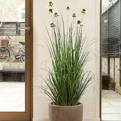 Artificial 9-Head Chrysanthemum with Curved Onion Grass Bonsai 55"H