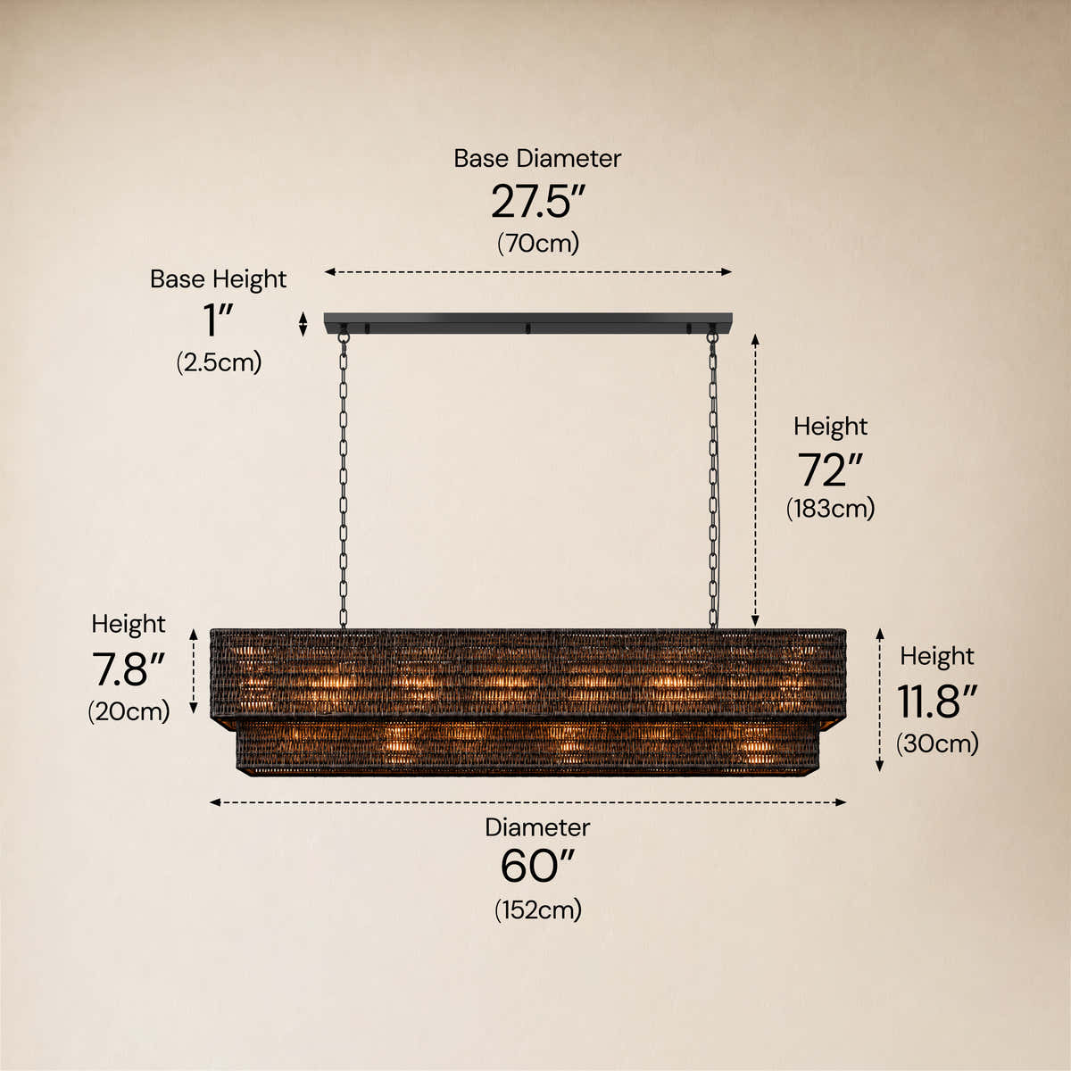Cavana Rattan Double Tier Rectangular Chandelier 60"W #Size_60",Color_Black dimensions 1