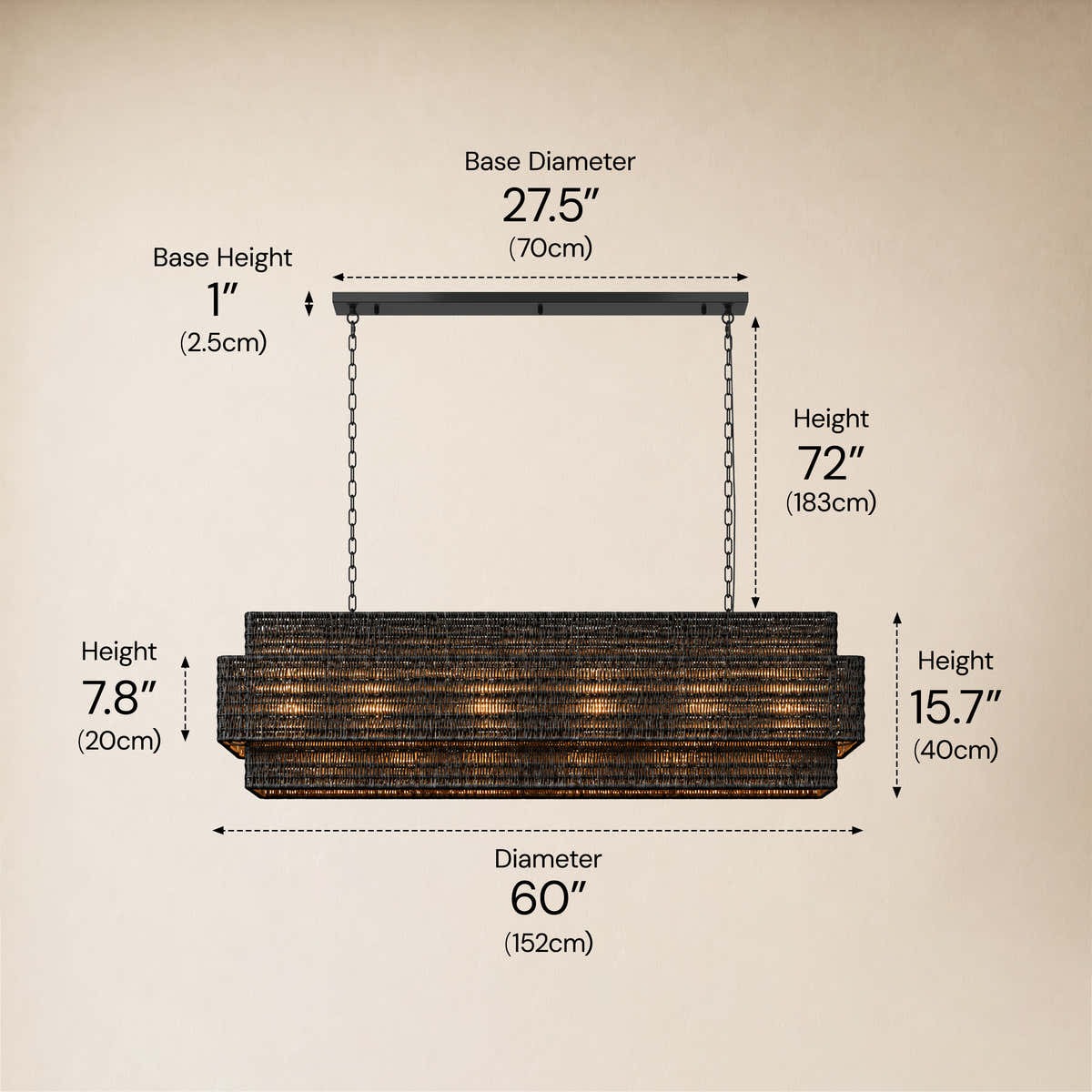 Cavana Rattan Tiered Rectangular Chandelier 60"W #Size_60",Color_Black dimensions 1
