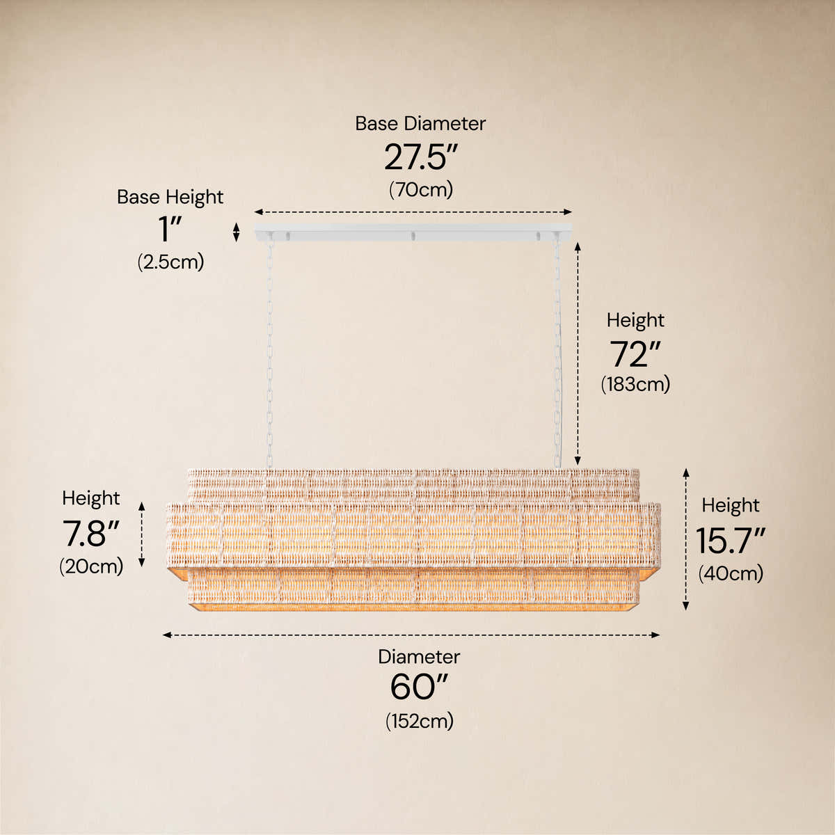 Cavana Rattan Tiered Rectangular Chandelier 60"W #Size_60",Color_White dimensions 2