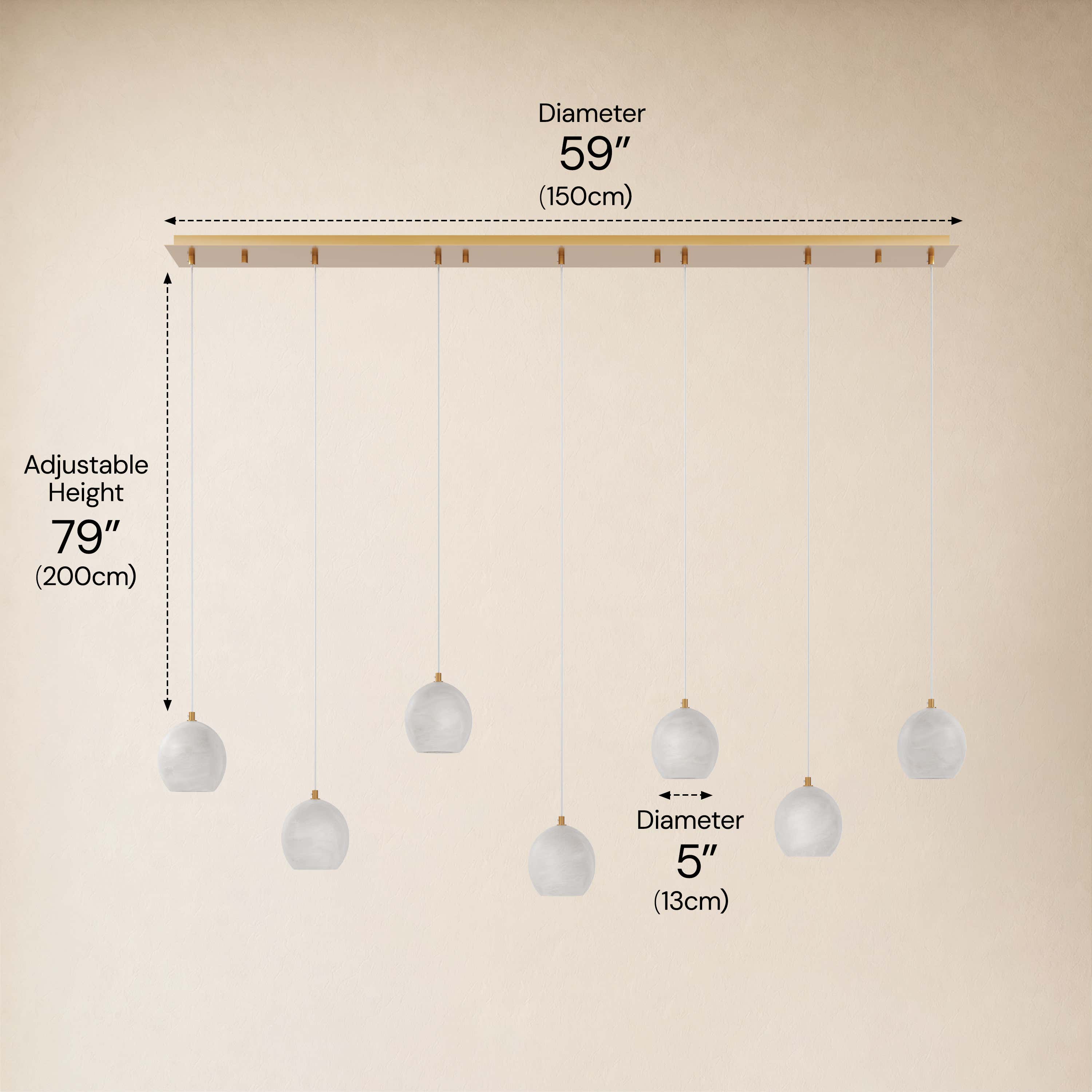 Quorvyn Resin Globe Linear Chandelier #Finish_Gold,Lights_7-Lights dimensions 3