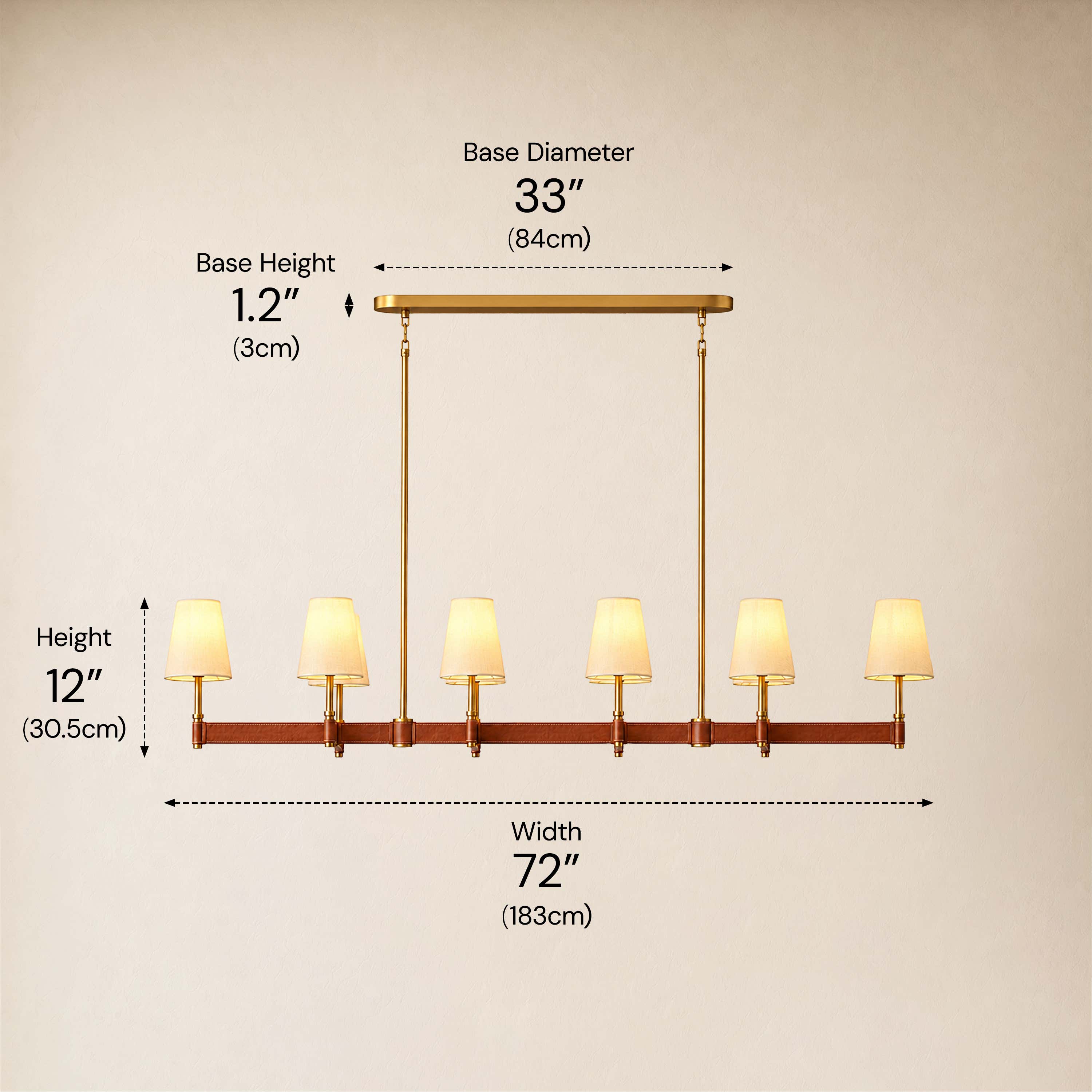 Corvella Leather Custom Linear Chandelier 62" 72"W dimensions 1
