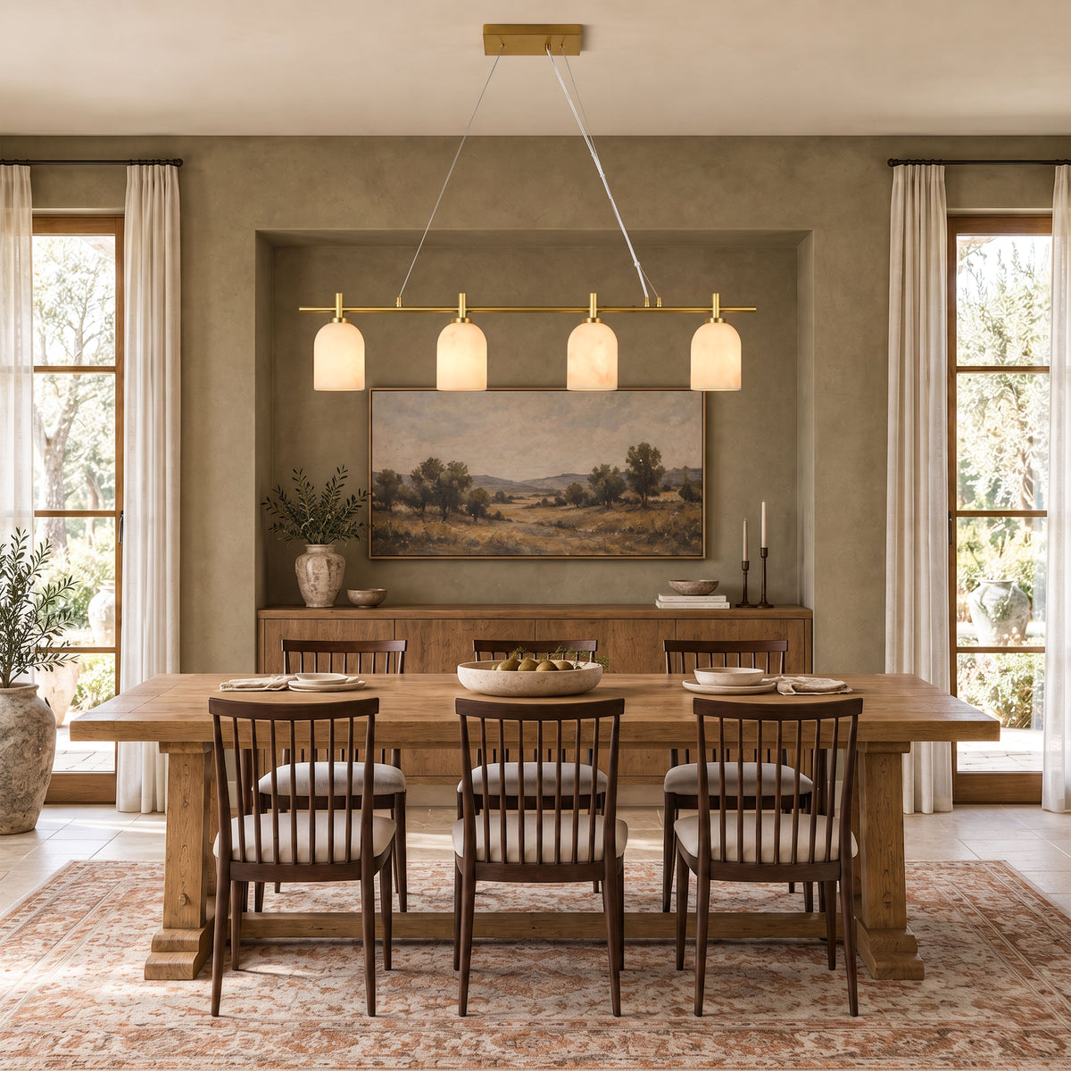 Axis resin linear chandelier above a dining area