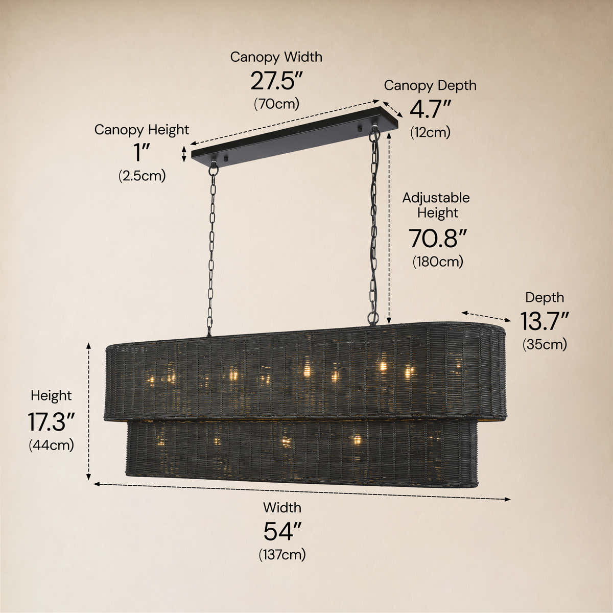 Cavana Rattan Tiered Rectangular Chandelier 53.9"W #Finish_Black,Size_54" dimensions 3