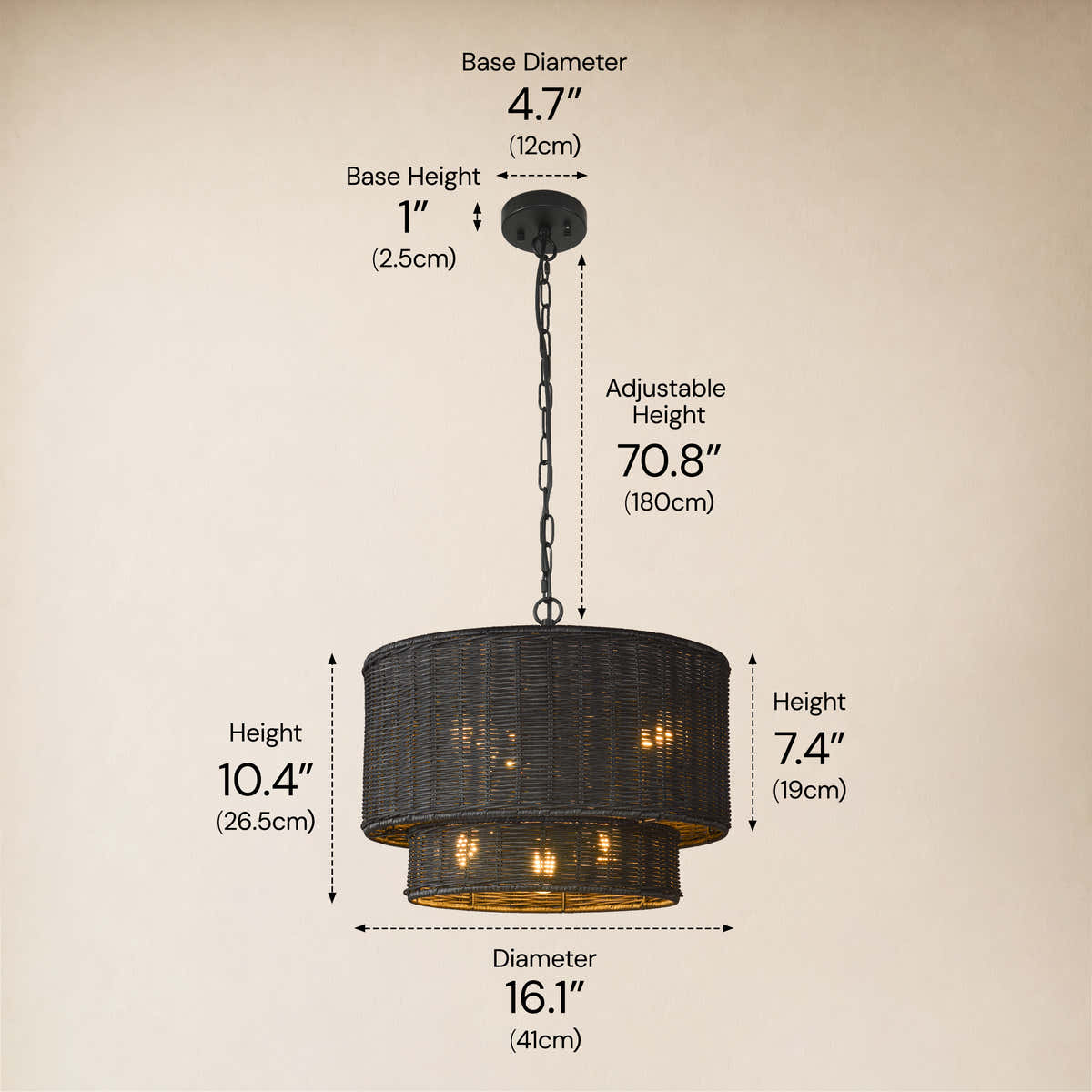 Cavana Rattan Tiered Round Pendant 16.1"D #Finish_Black,Size_16" dimensions 3