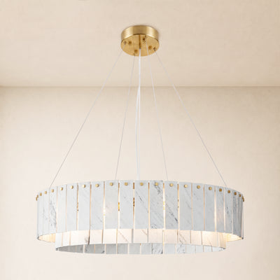 Pietra Porcelain White Marble Tiered Drum Chandelier 24" 31"D