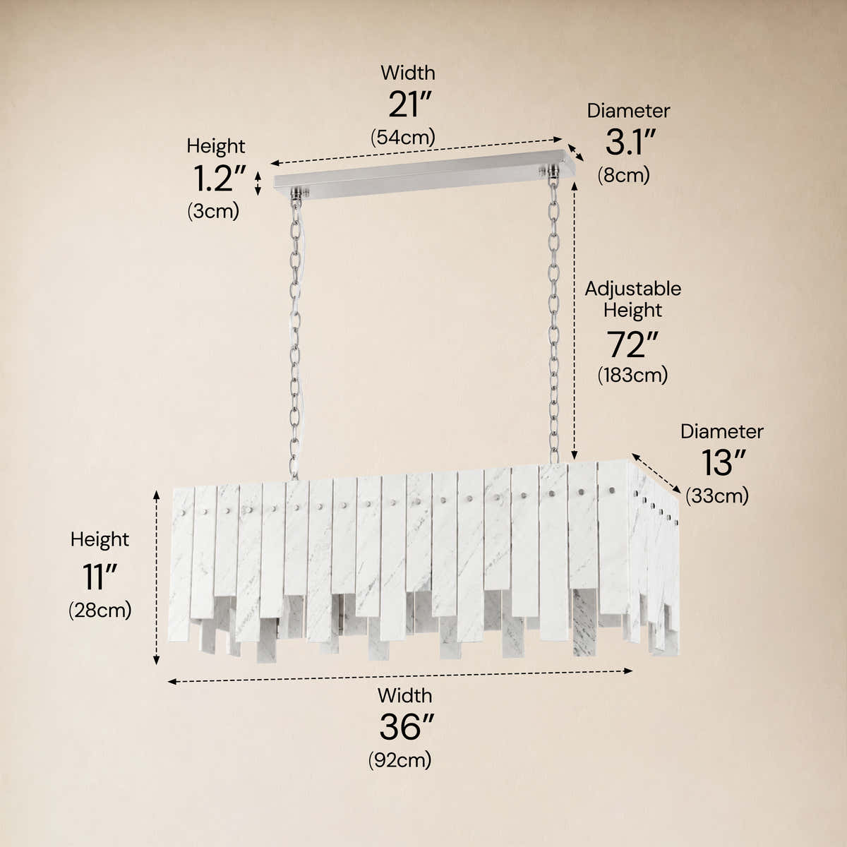 Pietra Porcelain White Marble Rectangular Chandelier 36" 40"W dimensions 1