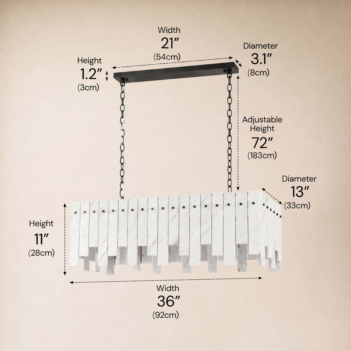 Pietra Porcelain White Marble Rectangular Chandelier 36" 40"W dimensions 2