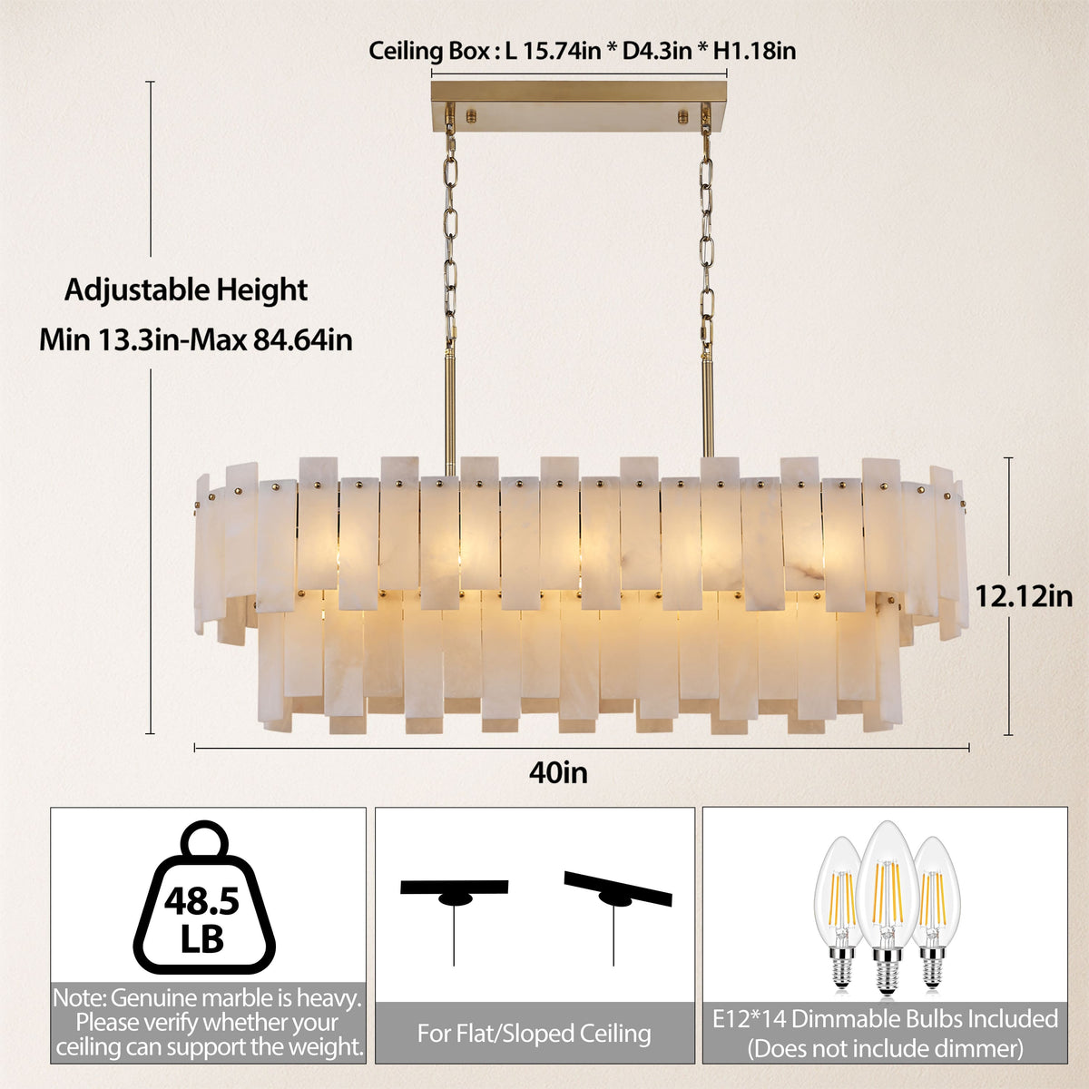 Nivislight Alabaster 2-Tier Rectangular Chandelier 40"D