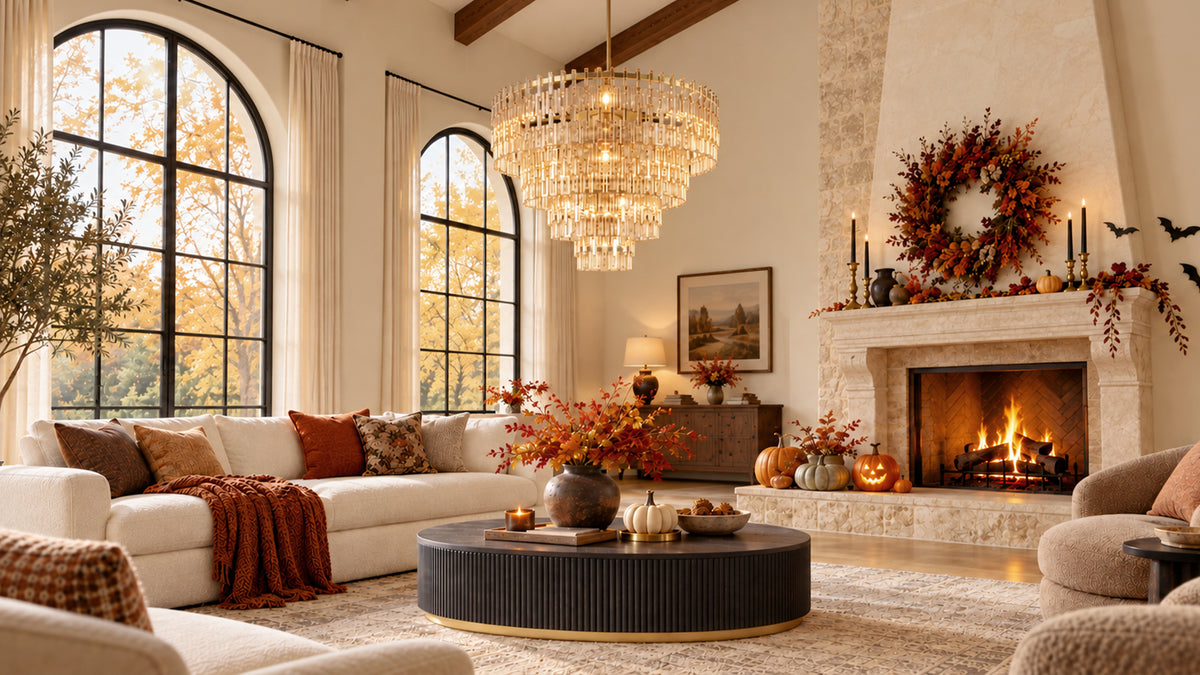 Warm modern interior with layered lighting for fall and winter