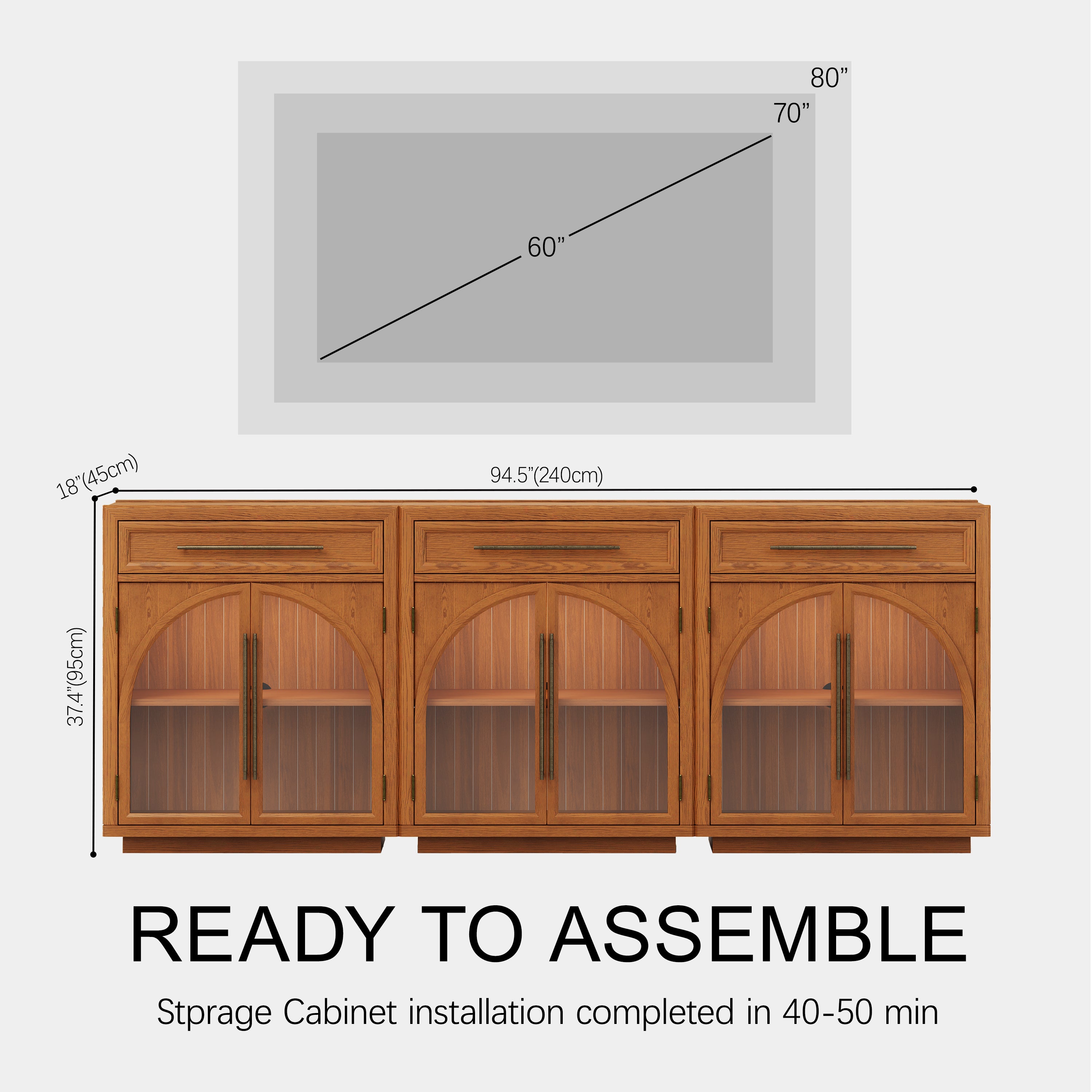 Alvar Arched 94.5" Oak Sideboard with Drawers(Set of 3)