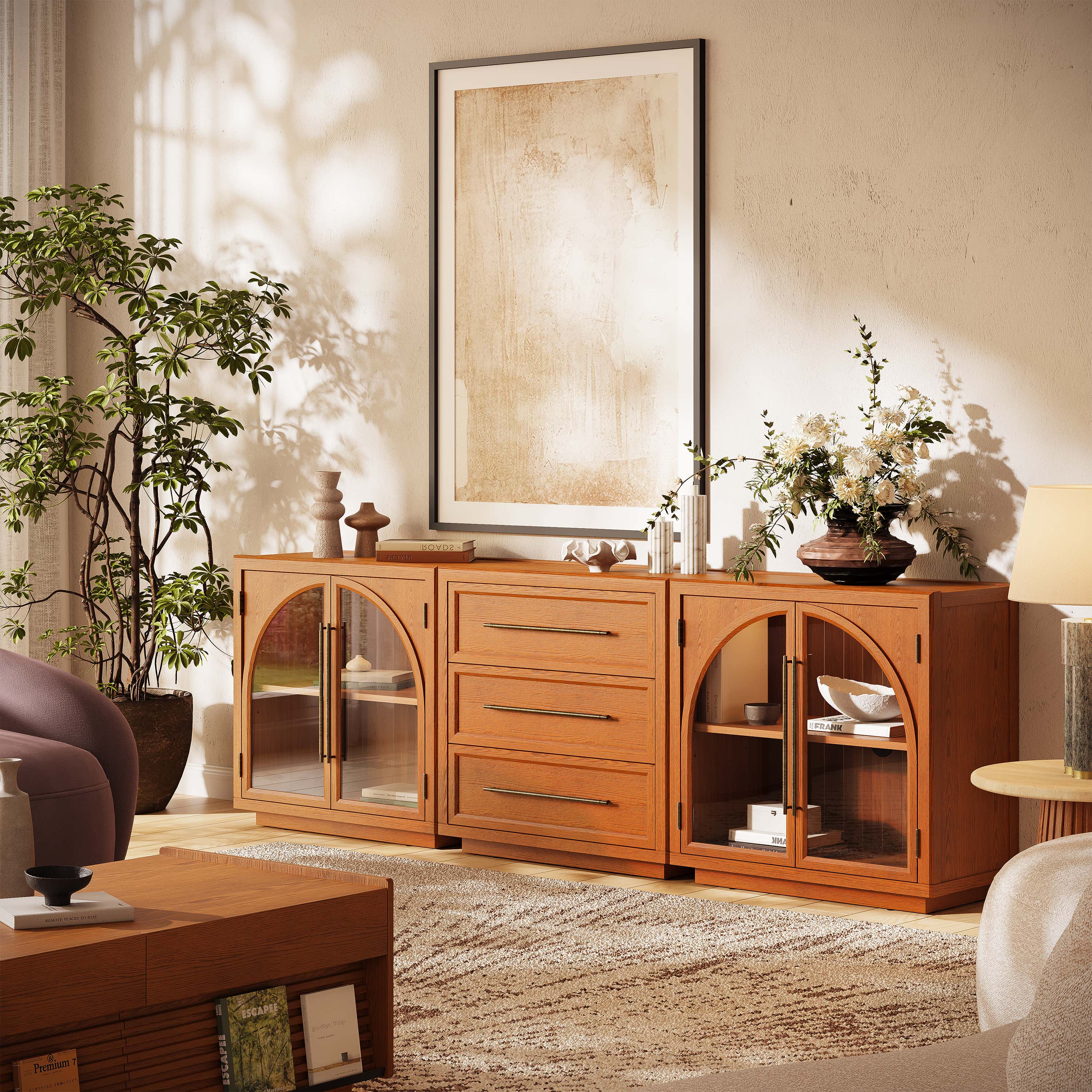 Alvar Arched 94.5″ Oak Modular Media Console(Set of 3)