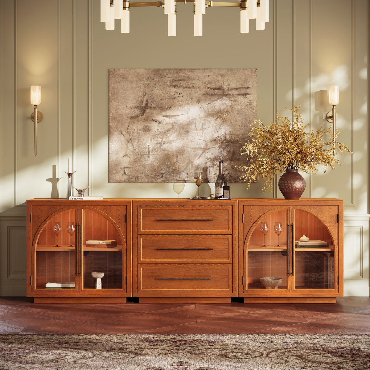 Alvar Arched 91″ Oak Modular Media Console(Set of 3)