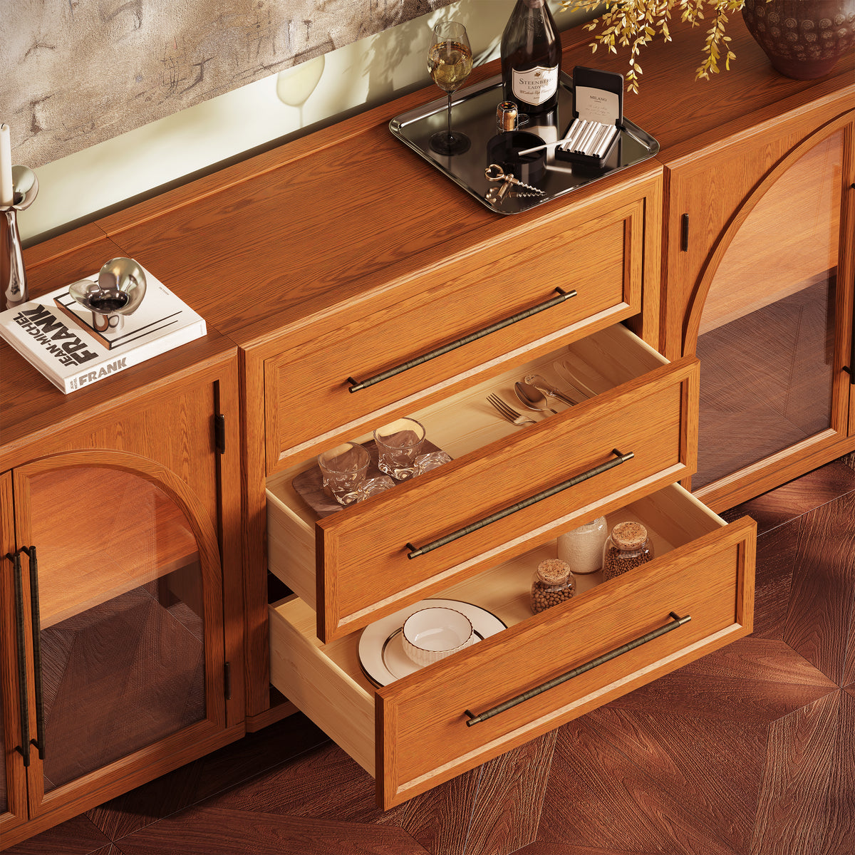 Alvar Arched 91″ Oak Modular Media Console(Set of 3)