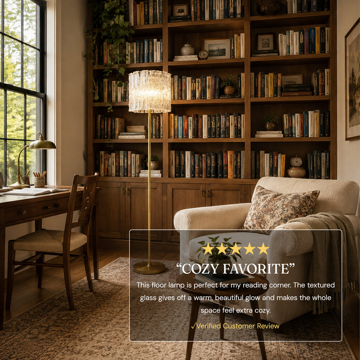 Nerisse textured glass floor lamp in a warm living room