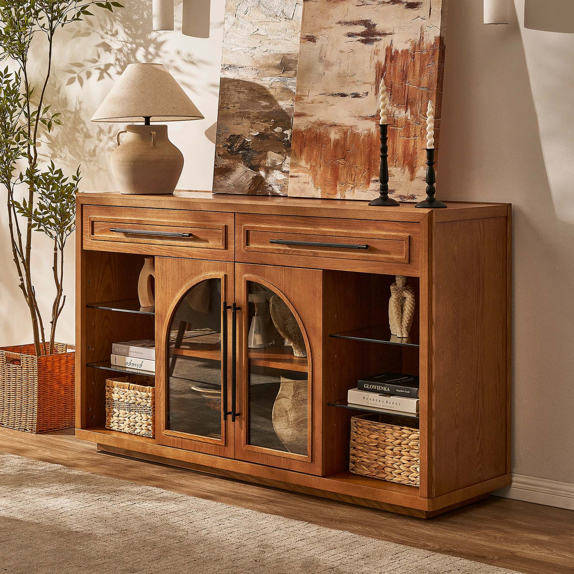 Alvar Oak Arched Glass Sideboard 63"W