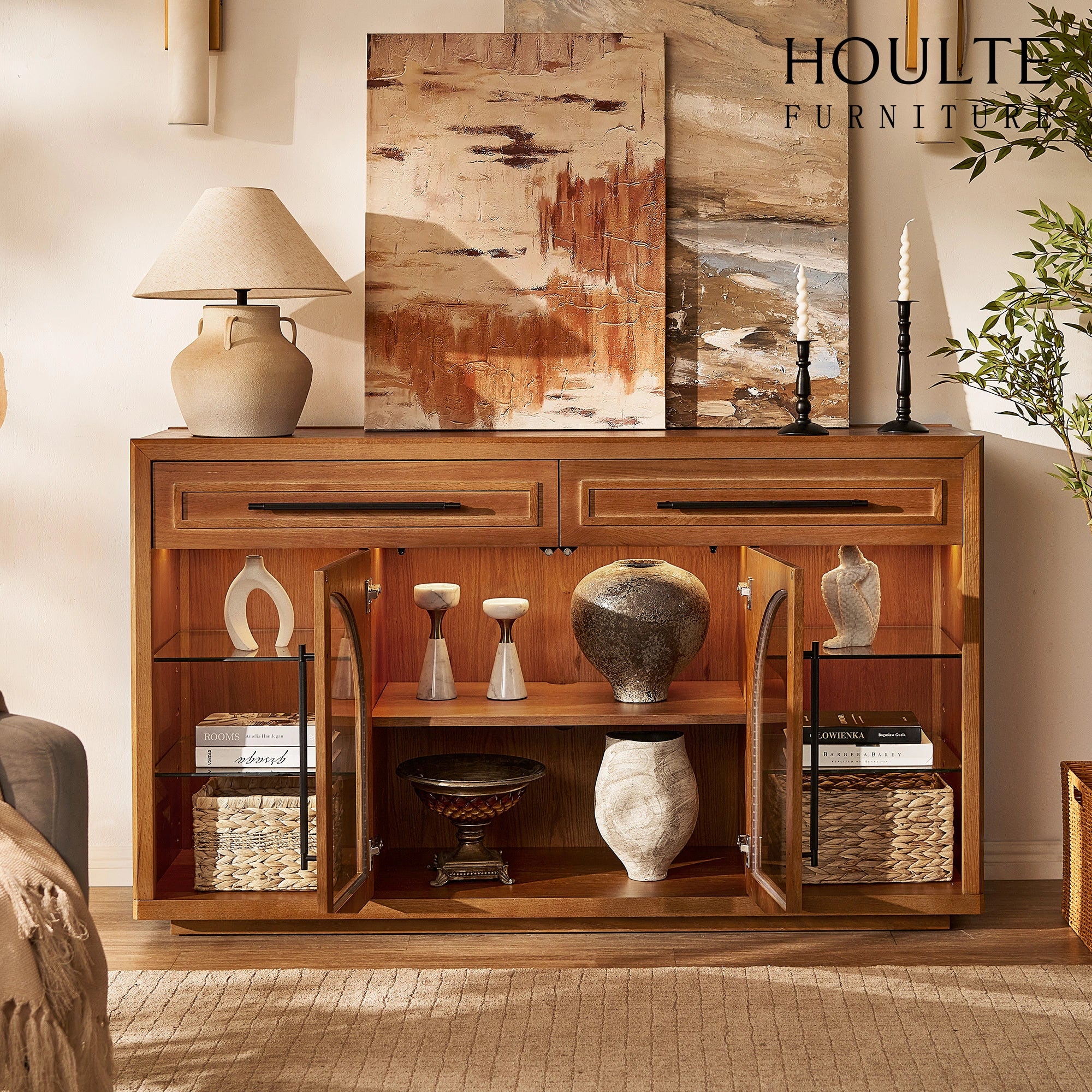 Alvar Oak Arched Glass Sideboard 63"W