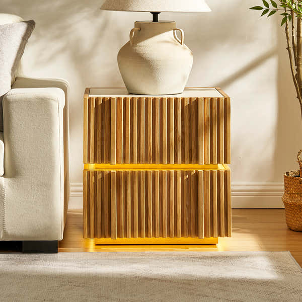 Isla Oak Sintered Stone Nightstand 20W – ideal for platform beds and lower-profile bedrooms