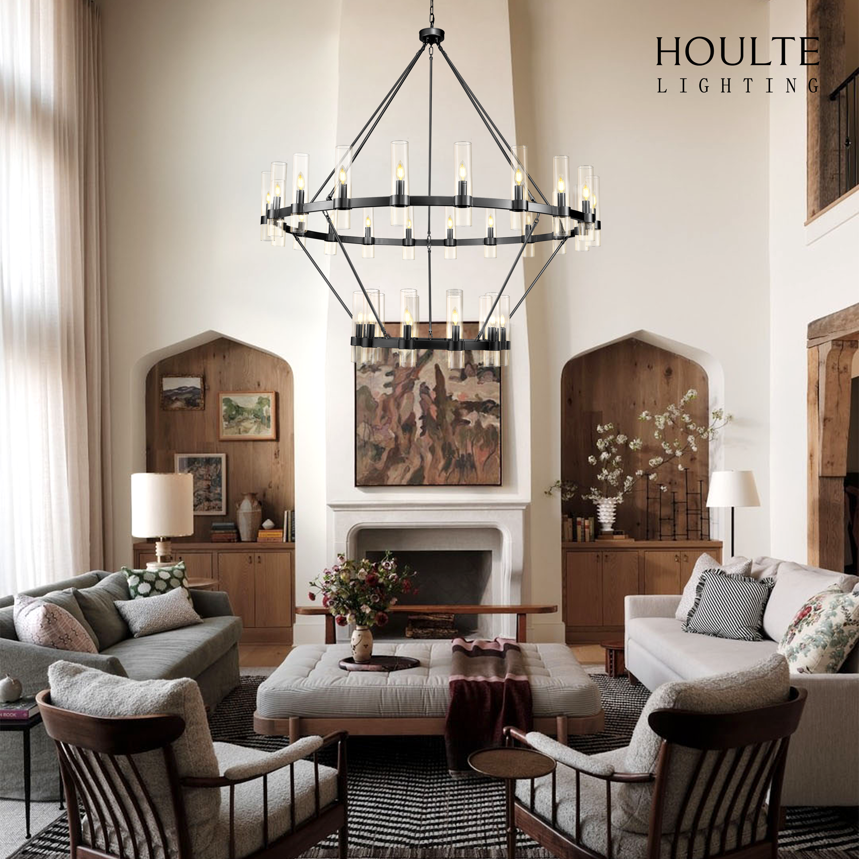 Cylora Glass Tube 2-Tier Round Chandelier 60"