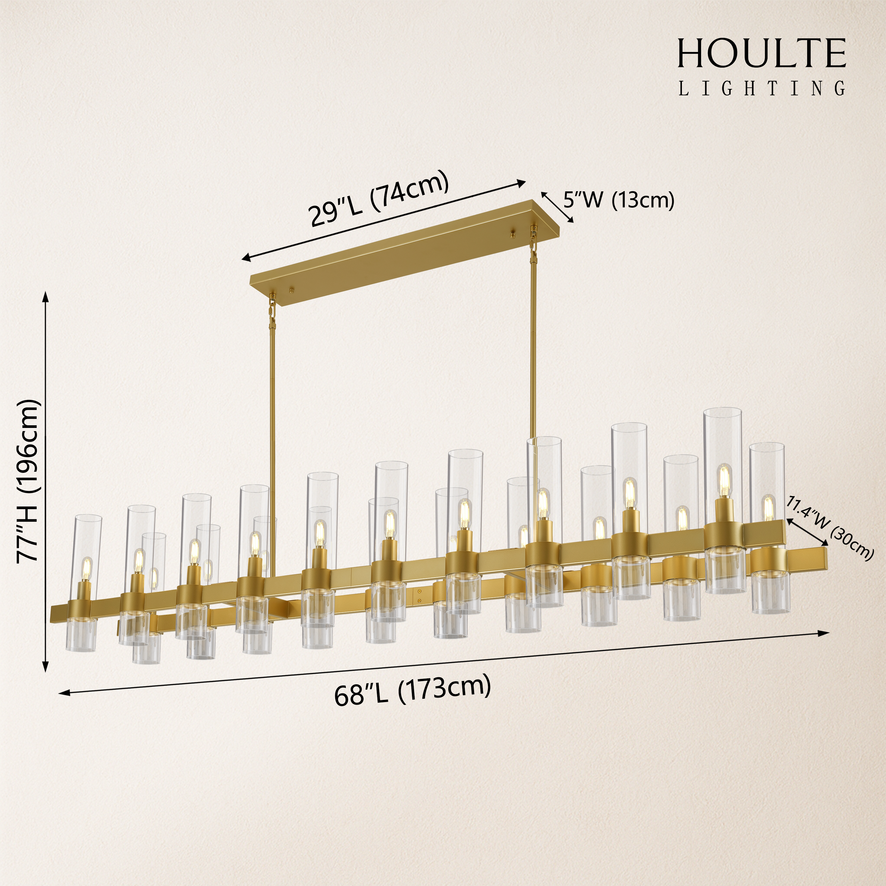 Cylora Glass Tube Rectangular Chandelier 68"