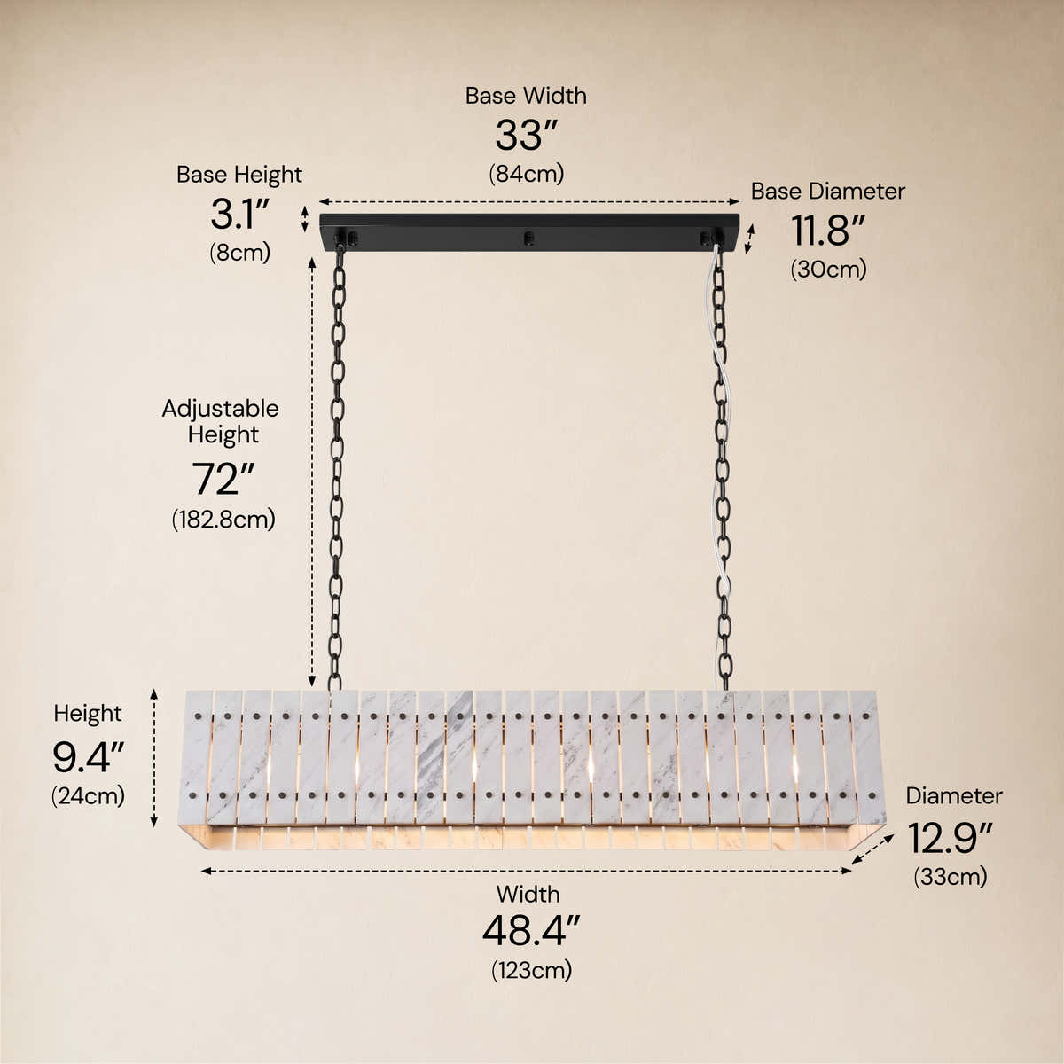 Pietra Porcelain White Marble Rectangular Chandelier 47.2"W dimensions 1