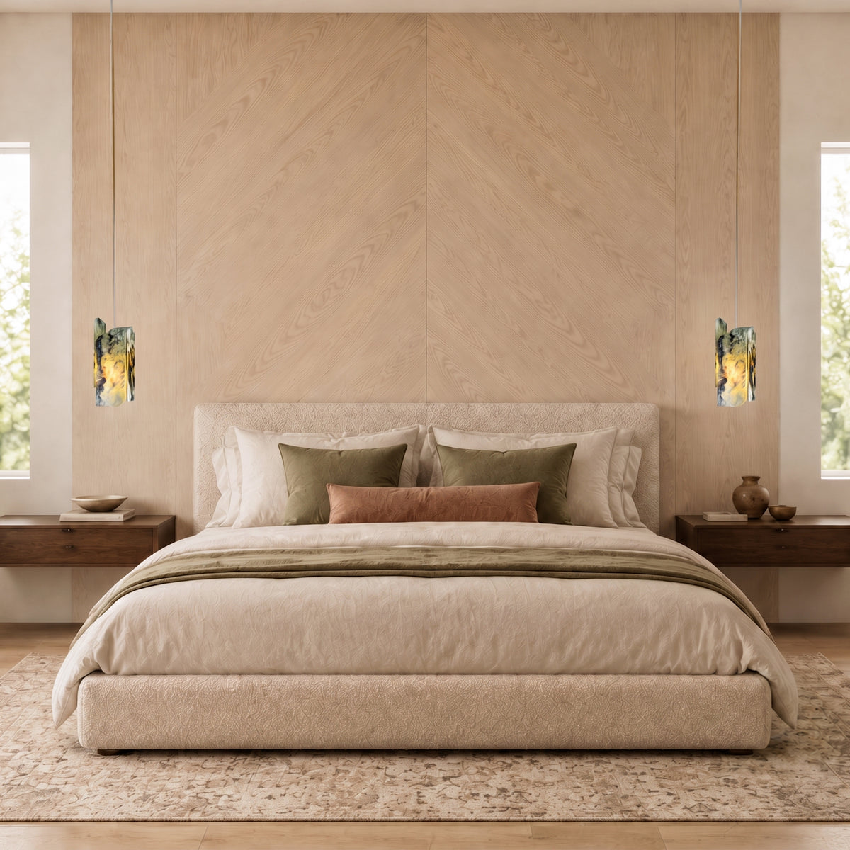 Green marble oval pendant light styled beside a bedroom