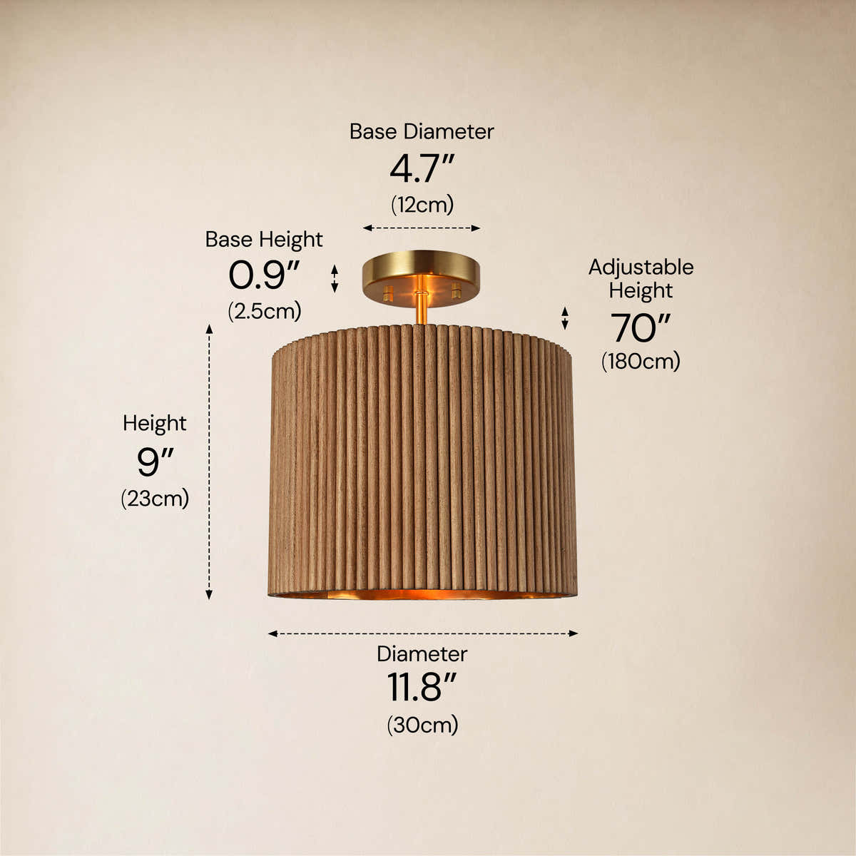 Eldwyne Oak Ribbed Drum Flush Mount 11.8"D dimensions 1