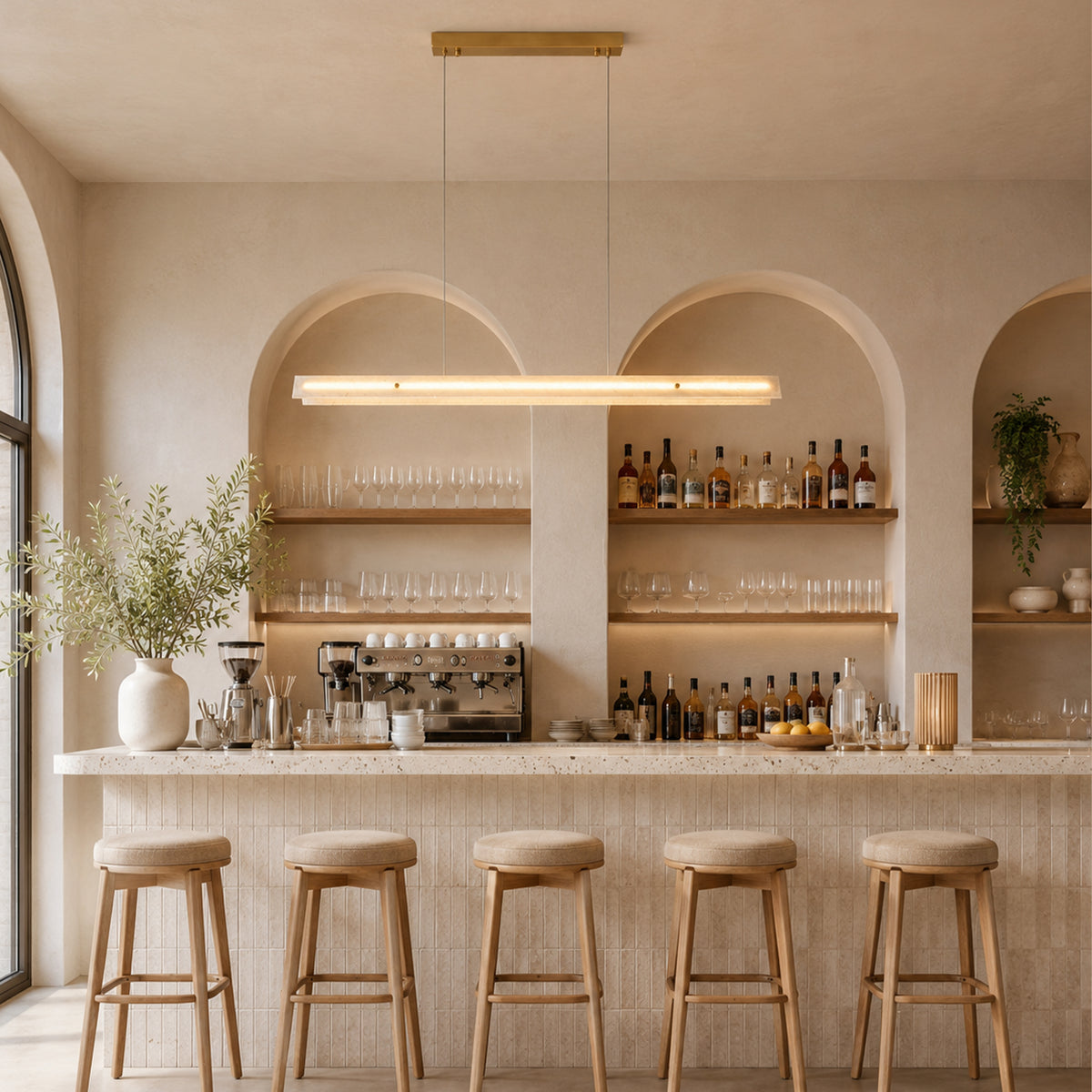 White marble linear chandelier showing natural stone veining