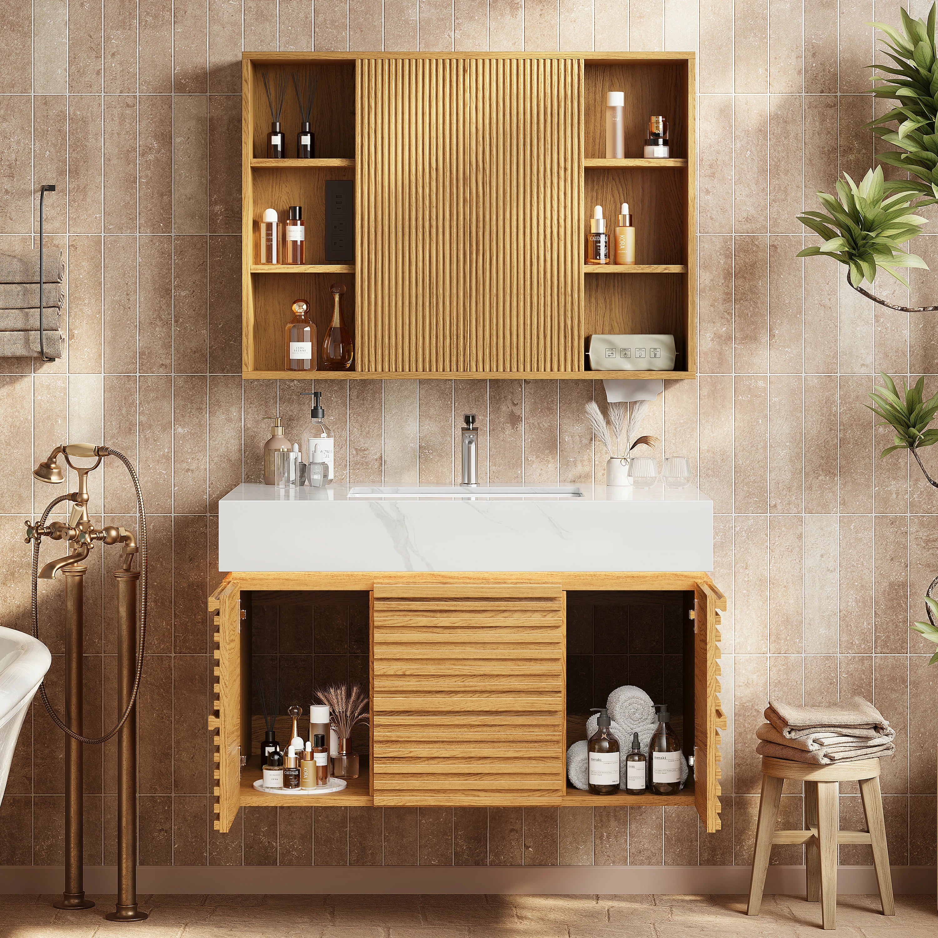 Isla Oak Bathroom Wall Mirror And Vanity Set