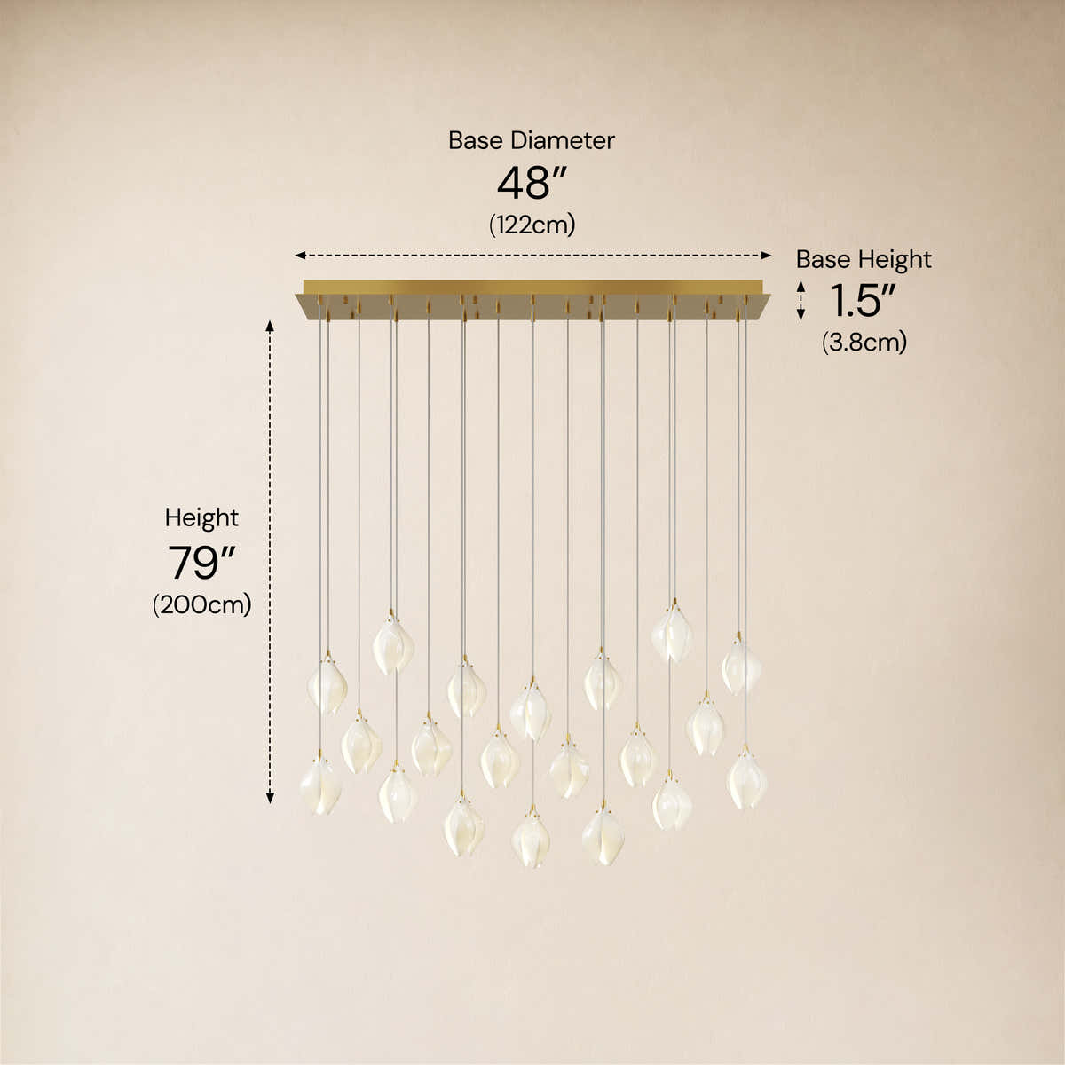 Veylune Ceramic Flower Cluster Rectangular Chandelier 19.7"-60"W #Finish_Gold,Size_20-Lights-/-48"W dimensions 9