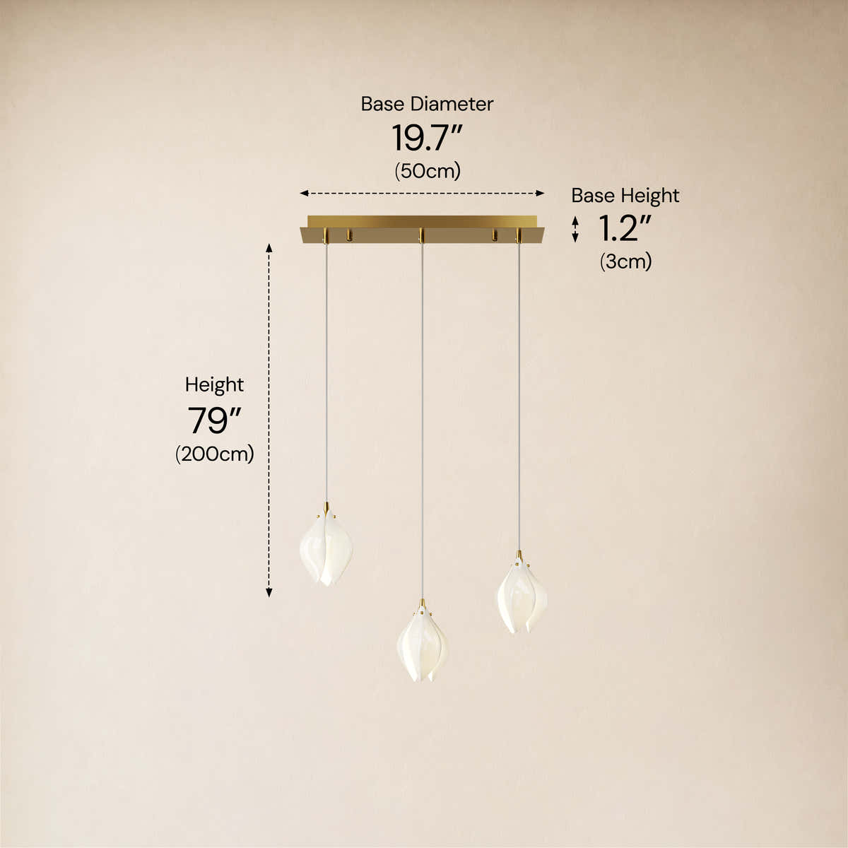 Veylune Ceramic Flower Cluster Rectangular Chandelier 19.7"-60"W #Finish_Gold,Size_3-Lights-/-19.7"W dimensions 1