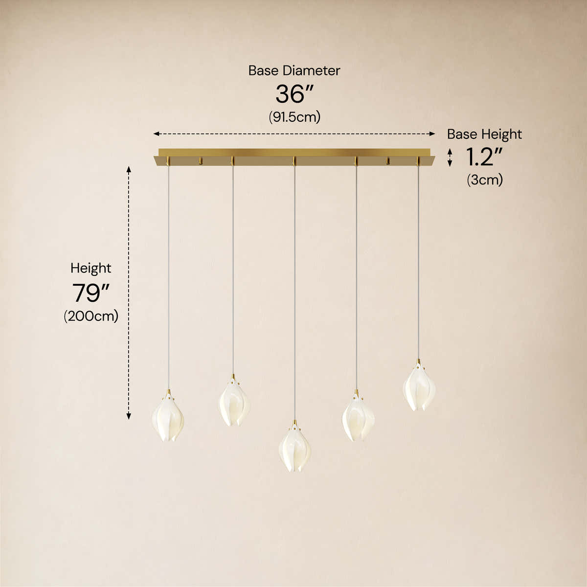 Veylune Ceramic Flower Cluster Rectangular Chandelier 19.7"-60"W #Finish_Gold,Size_5-Lights-/-36"W dimensions 3