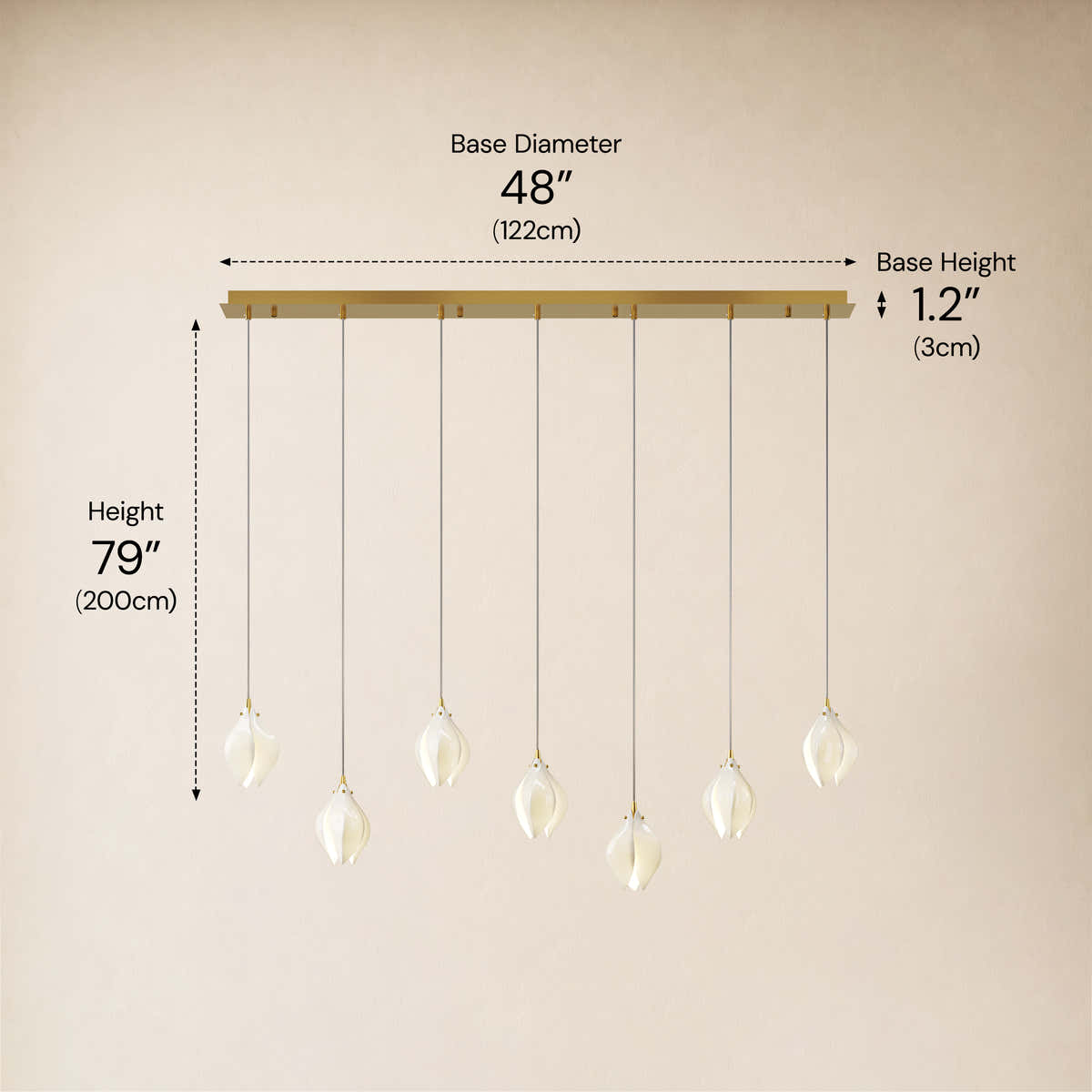 Veylune Ceramic Flower Cluster Rectangular Chandelier 19.7"-60"W #Finish_Gold,Size_7-Lights-/-48"W dimensions 5