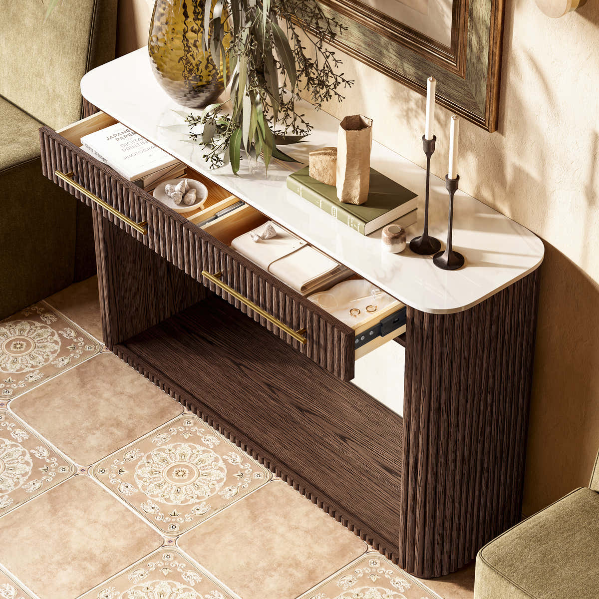 Riley Oak Console Table in an entryway setting