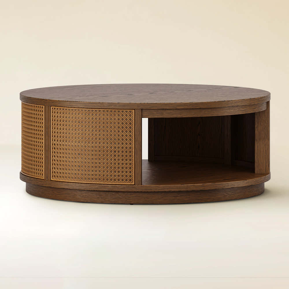 Harlow Round Oak & Rattan Drum Coffee Table