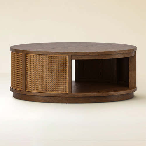 Harlow Round Oak & Rattan Drum Coffee Table
